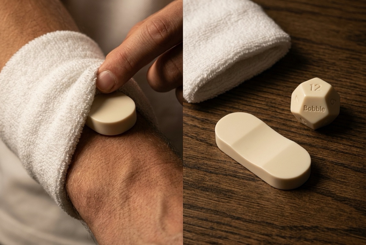 Concept render of a small ivory capsule tucked inside a white towelling sweatband on a wrist