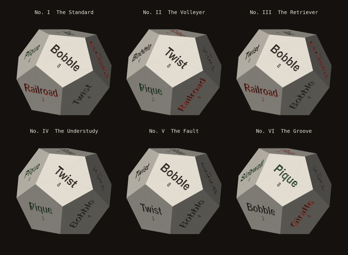 CAD render of six ivory twelve sided serve dice, each face engraved with a serve name